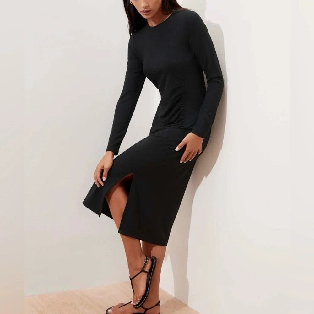 Banana Republic Long Sleeve Side Ruched Midi Dress Size XL Black - Picture 9 of 9